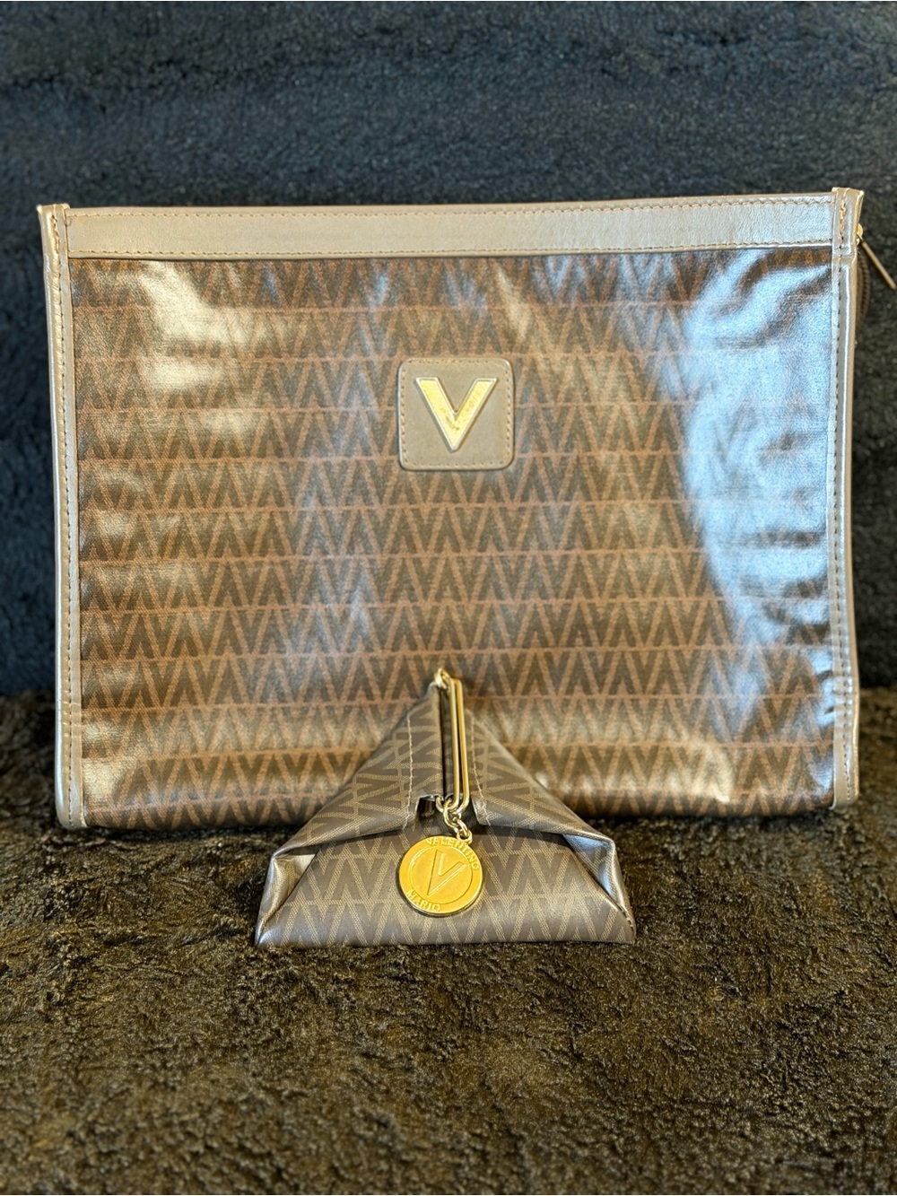 Valentino Vintage Pattern Brown Canvas Zip Pouch with Gold and mini coin bag